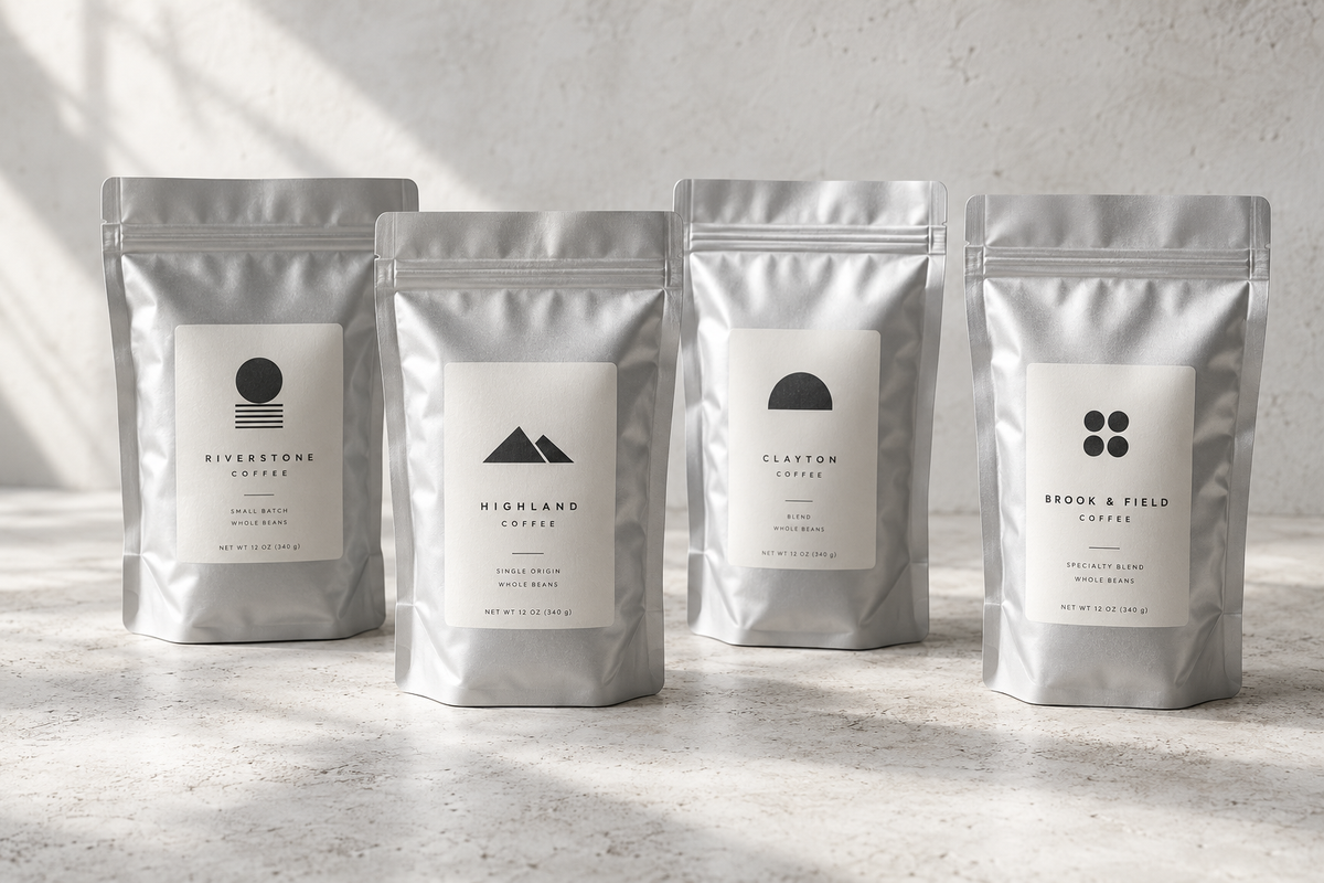 Four silver coffee pouches with different sample brand labels