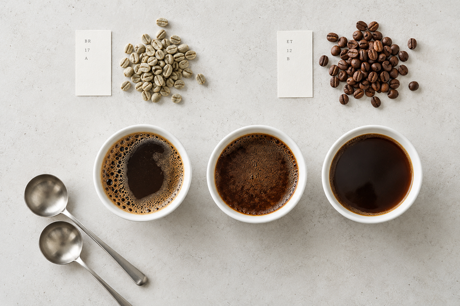Coffee beans and cupping bowls prepared for tasting