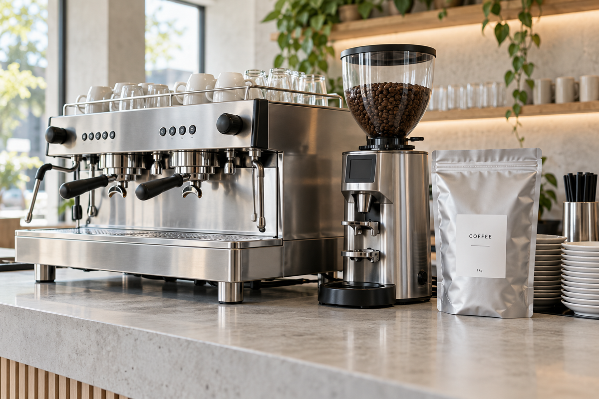 Espresso machine, grinder and a one kilogram silver coffee bag on a café counter